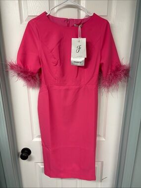 FeHaute Hot Pink Feather-Trim Midi Dress NWT